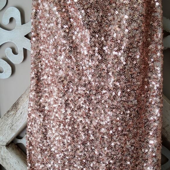 La Femme Women's Drape Neck Sequin Long Gown Low Cut Strappy Back in Rose Gold - Picture 4 of 10